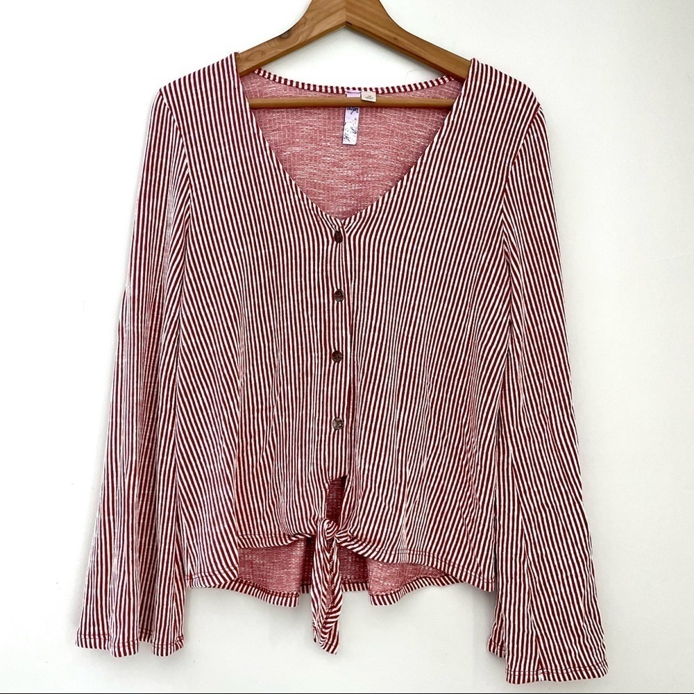 Alya Button Front Tie Textured Stripr Top Burnt Orange Rust White Mediump